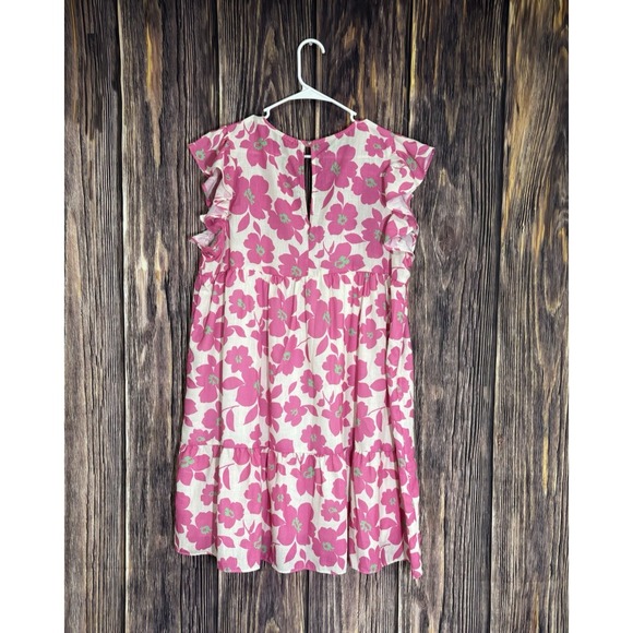 Spin USA Womens Mini Dress XL White w/ Pink Floral Print V-Neck Linen - Picture 2 of 15